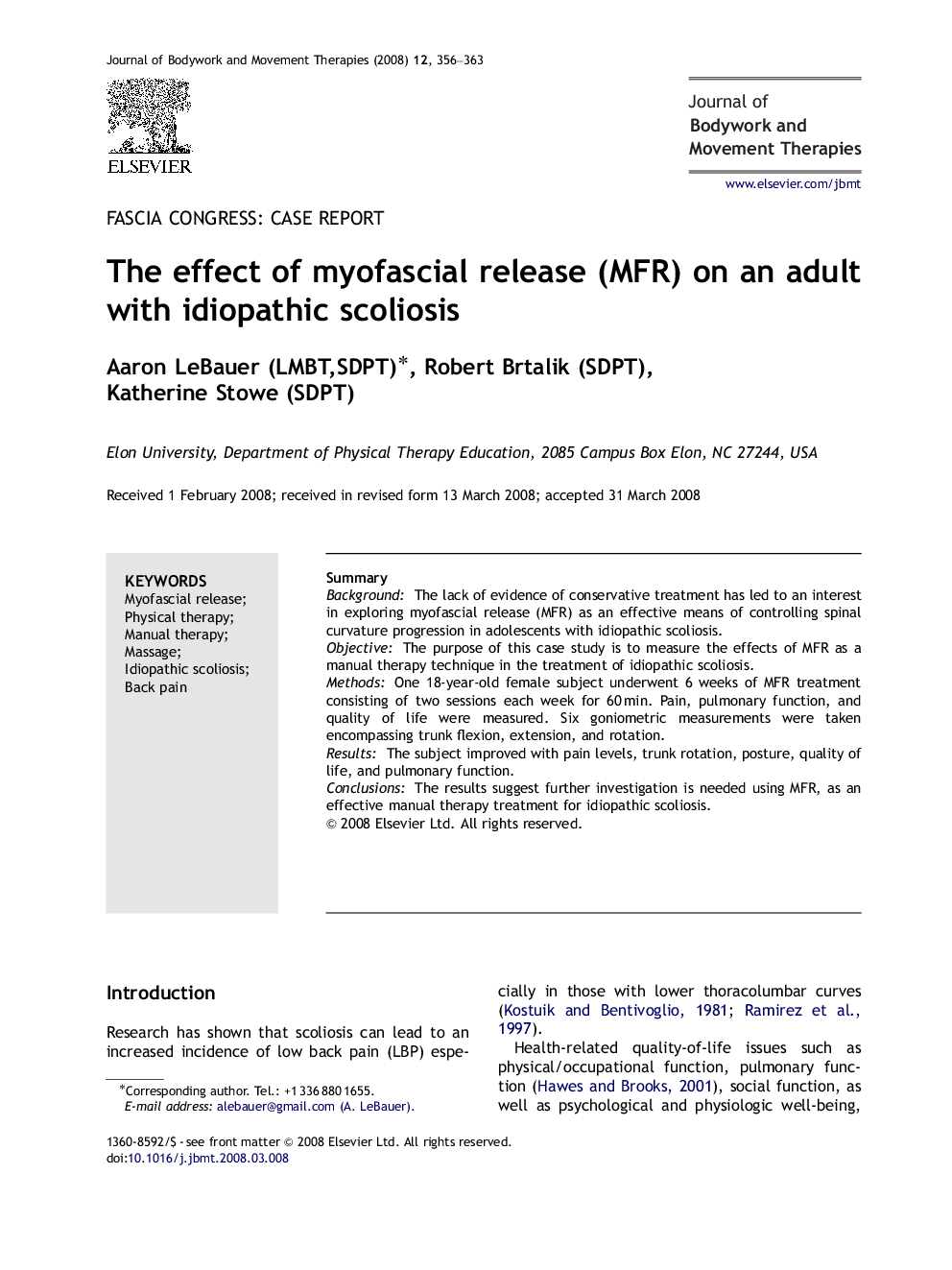 The effect of myofascial release (MFR) on an adult with idiopathic scoliosis