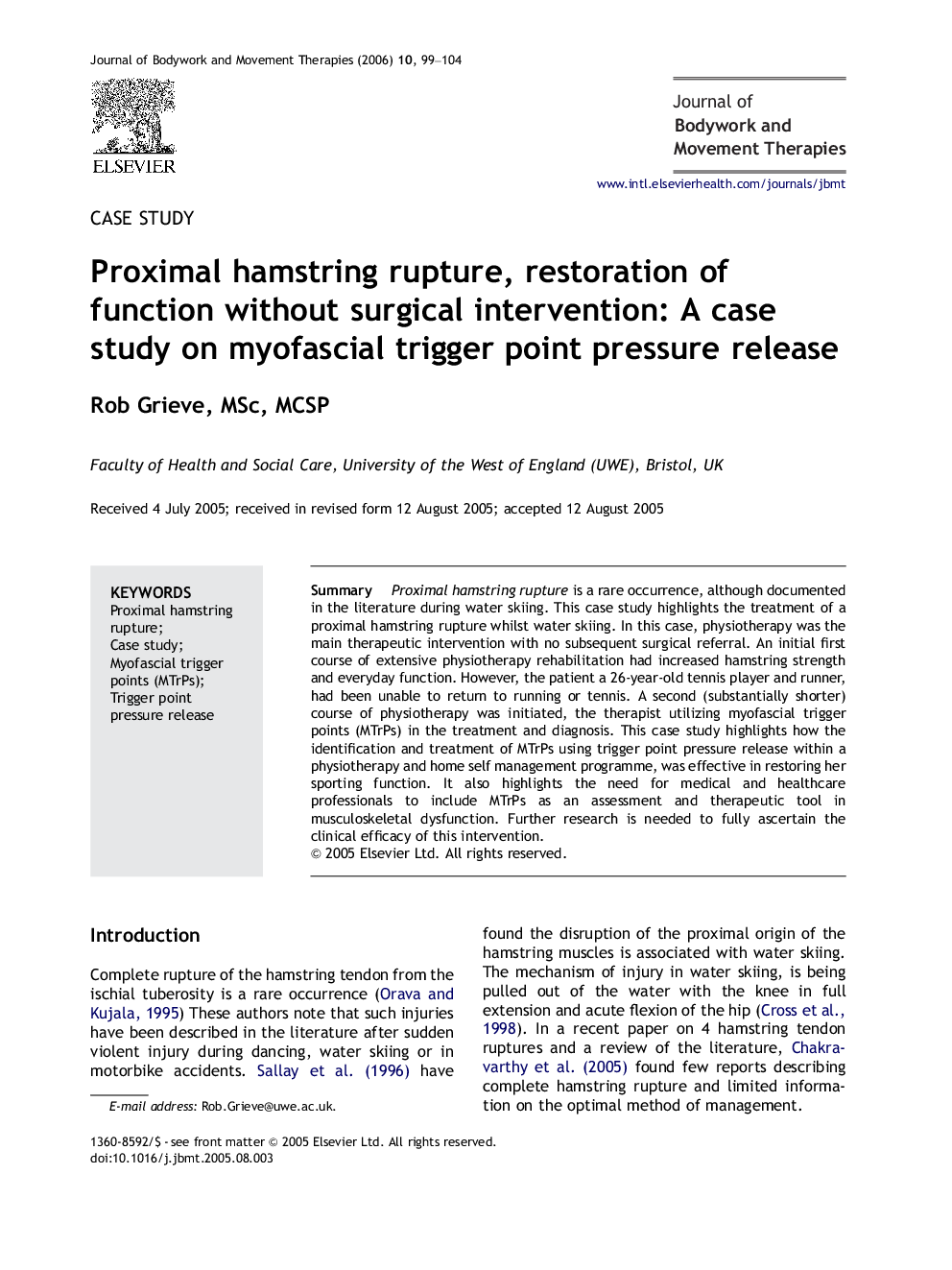 Proximal hamstring rupture, restoration of function without surgical intervention: A case study on myofascial trigger point pressure release