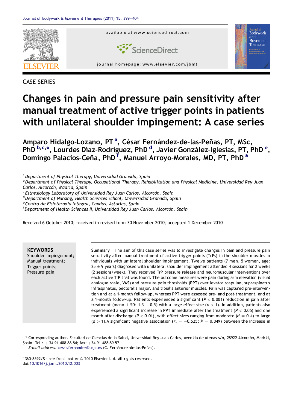 Changes in pain and pressure pain sensitivity after manual treatment of active trigger points in patients with unilateral shoulder impingement: A case series