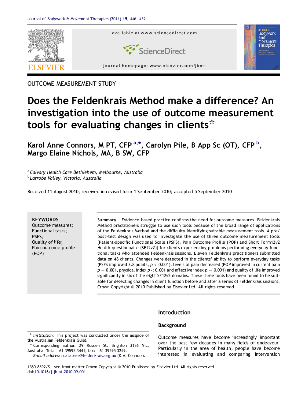 Does the Feldenkrais Method make a difference? An investigation into the use of outcome measurement tools for evaluating changes in clients 