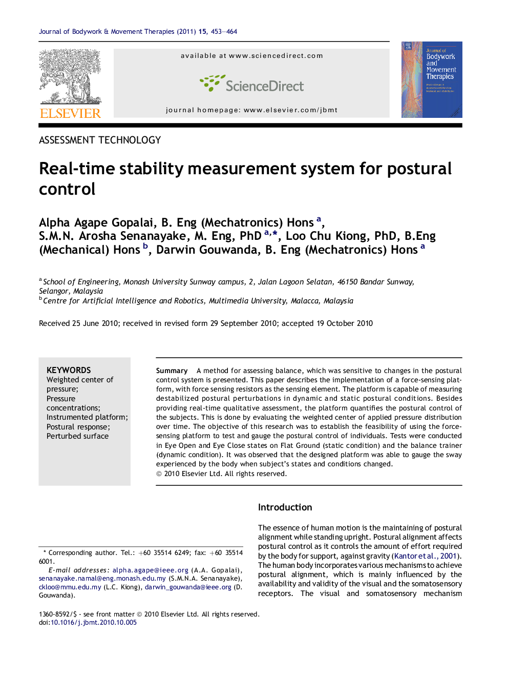 Real-time stability measurement system for postural control