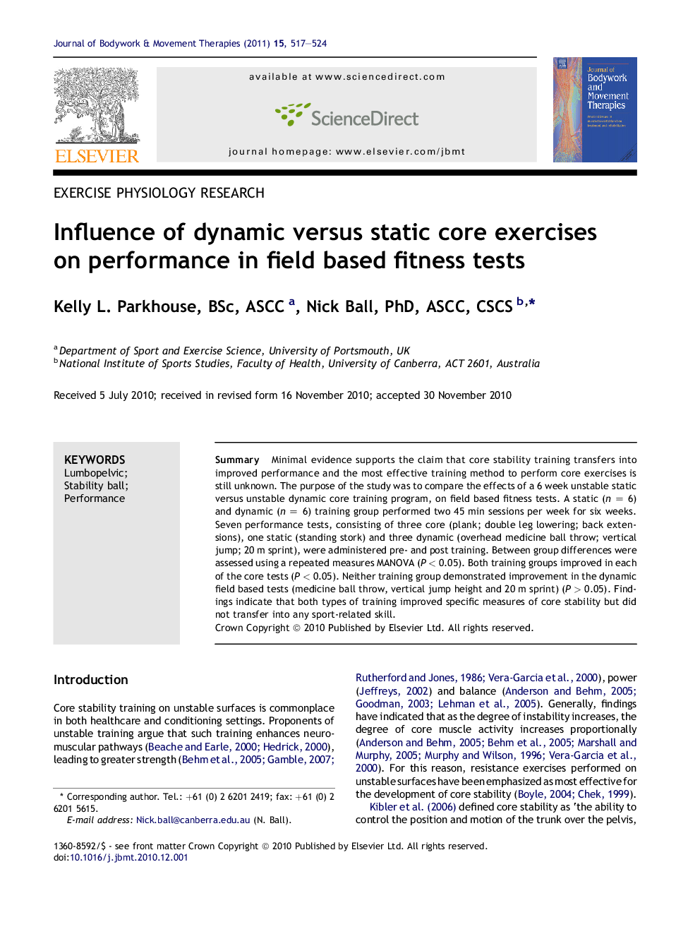 Influence of dynamic versus static core exercises on performance in field based fitness tests