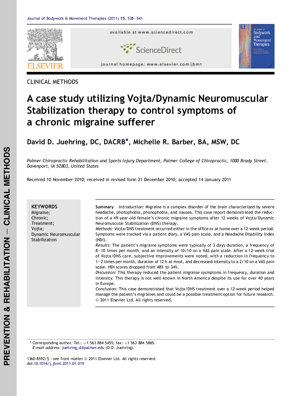 A case study utilizing Vojta/Dynamic Neuromuscular Stabilization therapy to control symptoms of a chronic migraine sufferer