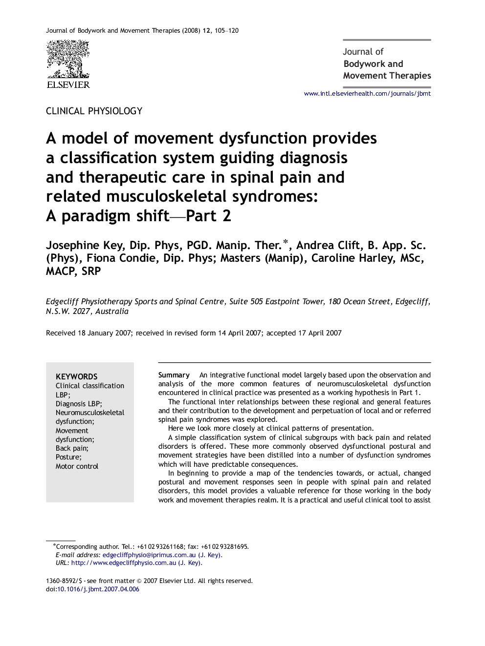 A model of movement dysfunction provides a classification system guiding diagnosis and therapeutic care in spinal pain and related musculoskeletal syndromes: A paradigm shift—Part 2