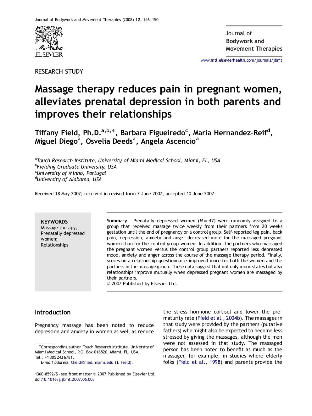 Massage therapy reduces pain in pregnant women, alleviates prenatal depression in both parents and improves their relationships