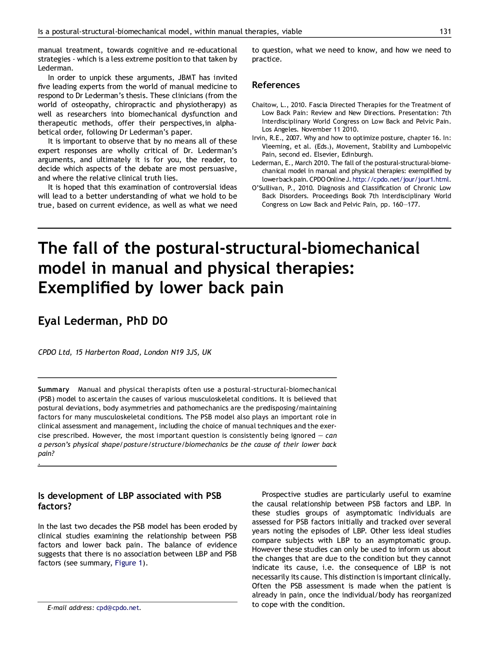 The fall of the postural-structural-biomechanical model in manual and physical therapies: Exemplified by lower back pain