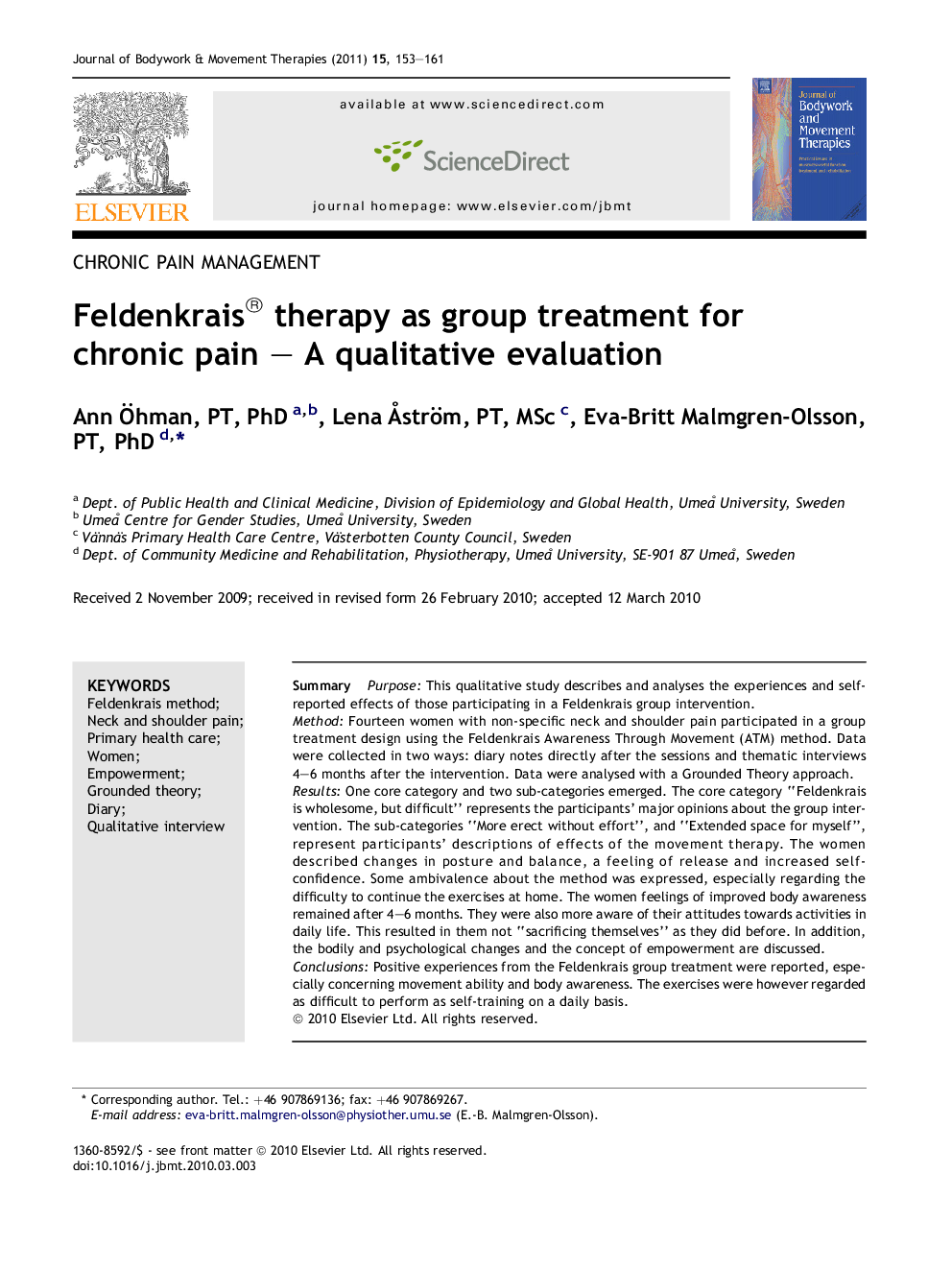 Feldenkrais® therapy as group treatment for chronic pain – A qualitative evaluation