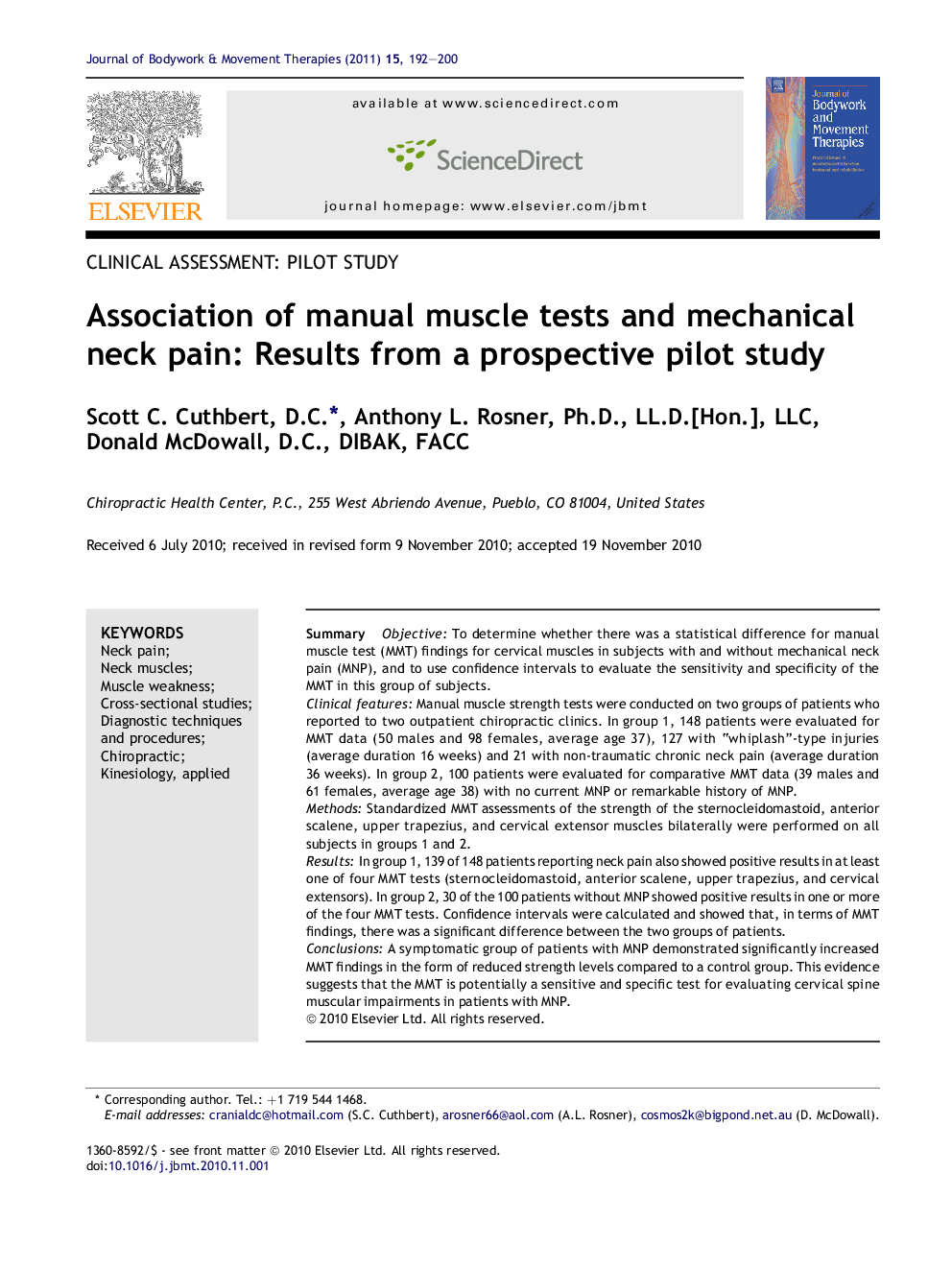 Association of manual muscle tests and mechanical neck pain: Results from a prospective pilot study