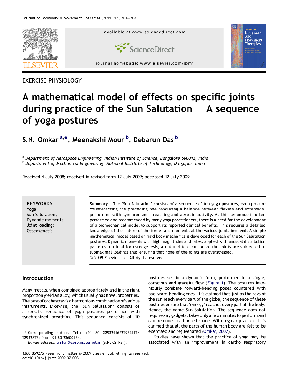 A mathematical model of effects on specific joints during practice of the Sun Salutation – A sequence of yoga postures