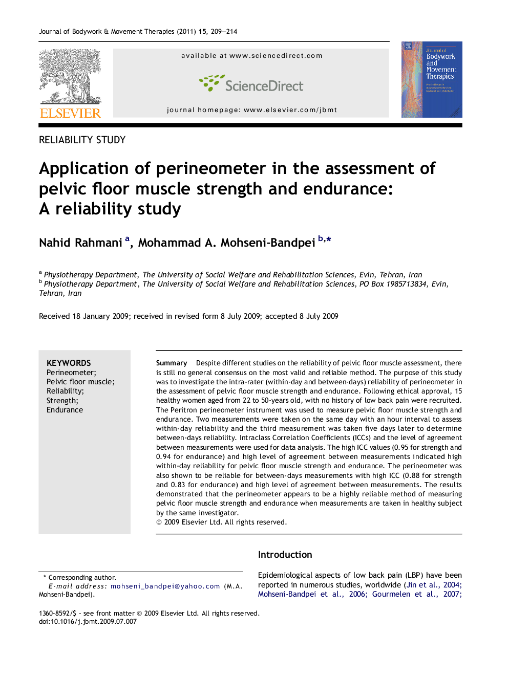 Application of perineometer in the assessment of pelvic floor muscle strength and endurance: A reliability study