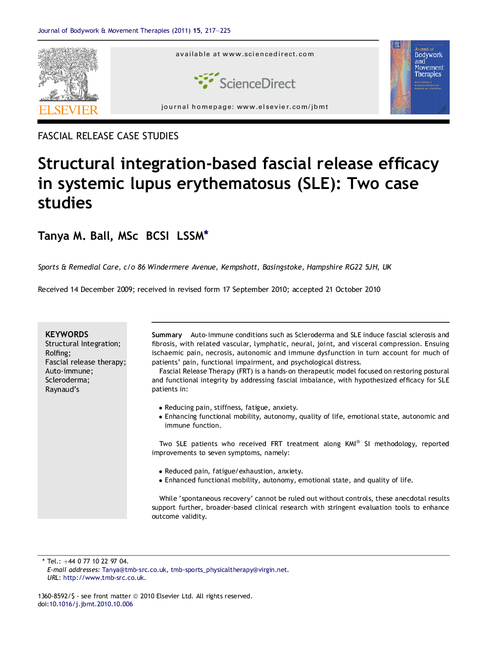 Structural integration-based fascial release efficacy in systemic lupus erythematosus (SLE): Two case studies