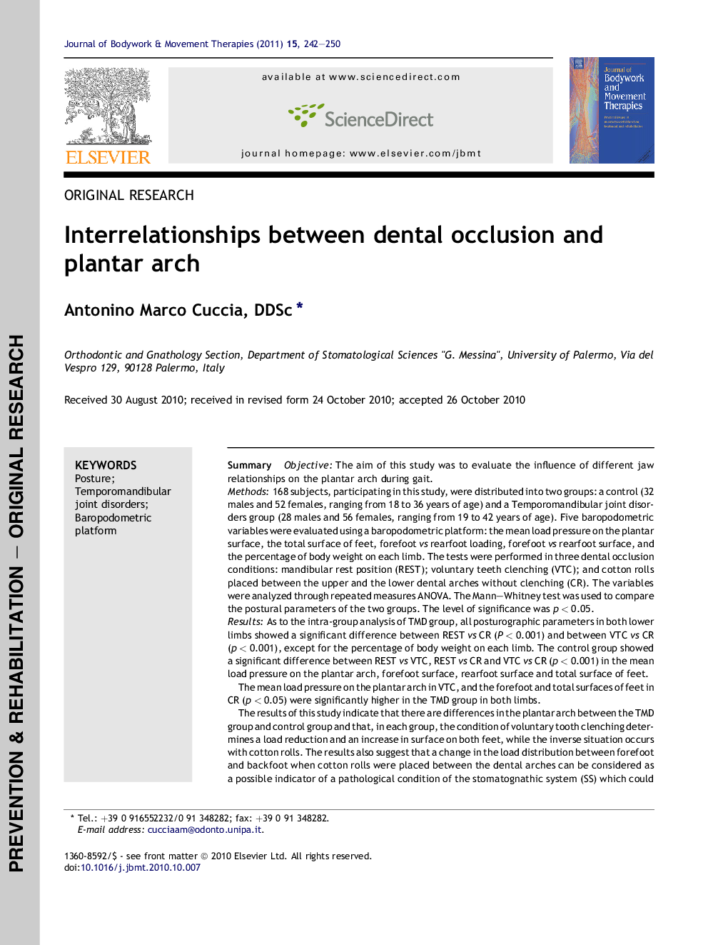 Interrelationships between dental occlusion and plantar arch