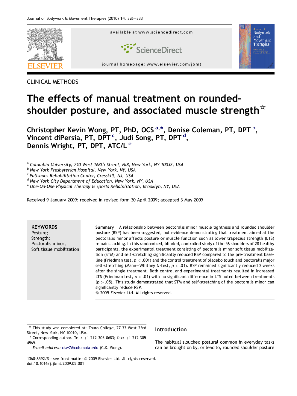 The effects of manual treatment on rounded-shoulder posture, and associated muscle strength 