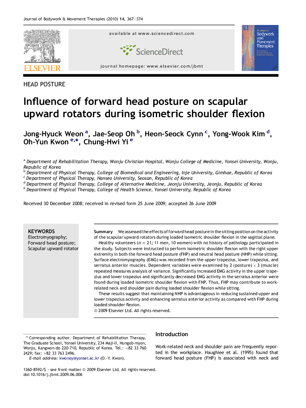 Influence of forward head posture on scapular upward rotators during isometric shoulder flexion