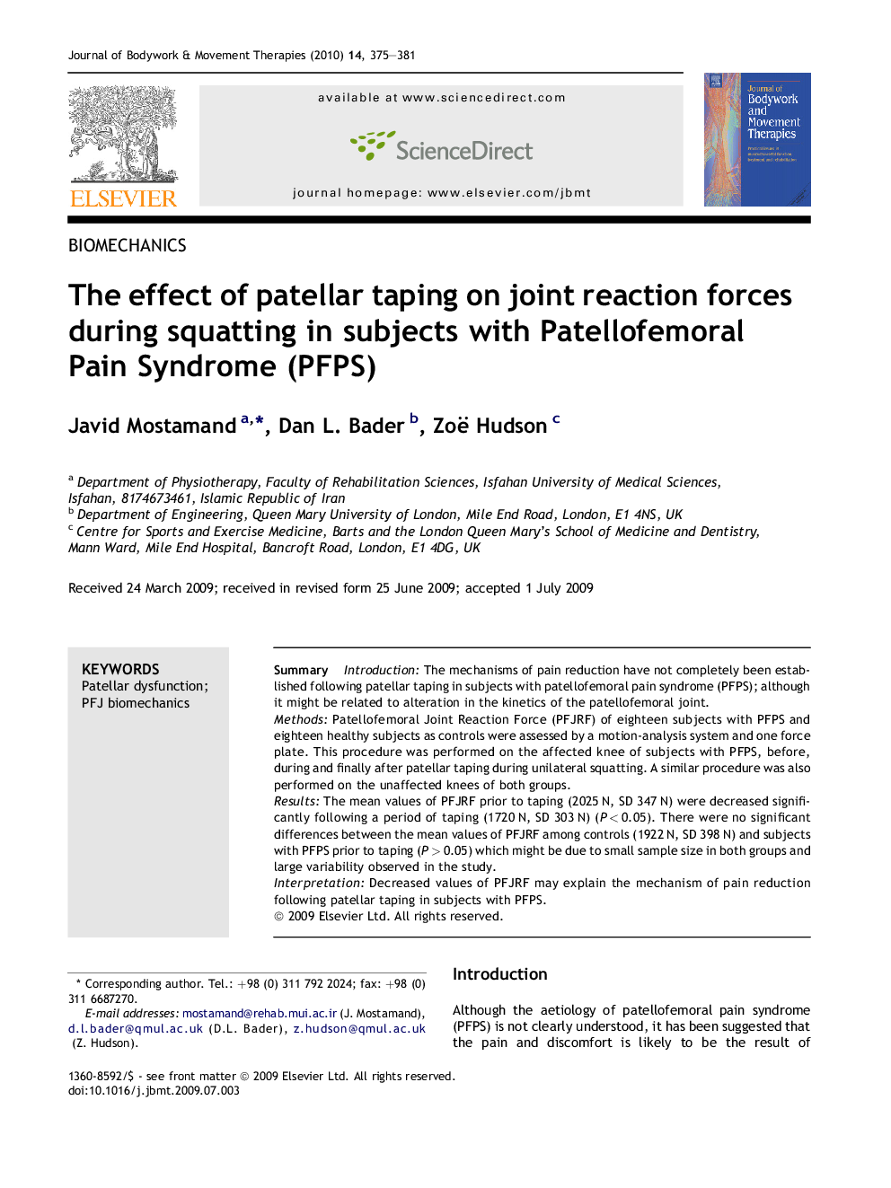 The effect of patellar taping on joint reaction forces during squatting in subjects with Patellofemoral Pain Syndrome (PFPS)