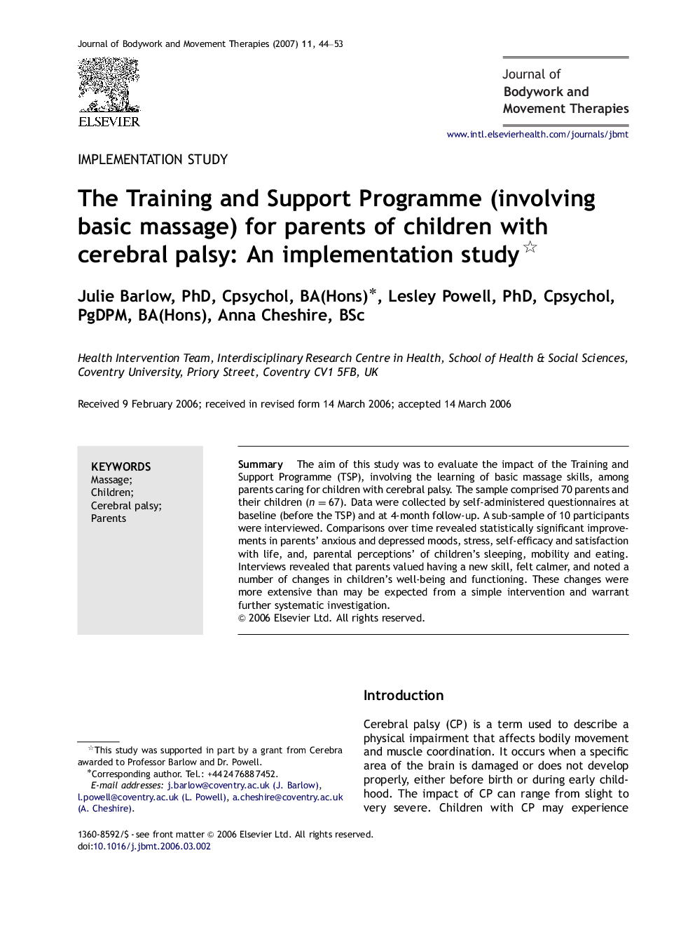 The Training and Support Programme (involving basic massage) for parents of children with cerebral palsy: An implementation study 