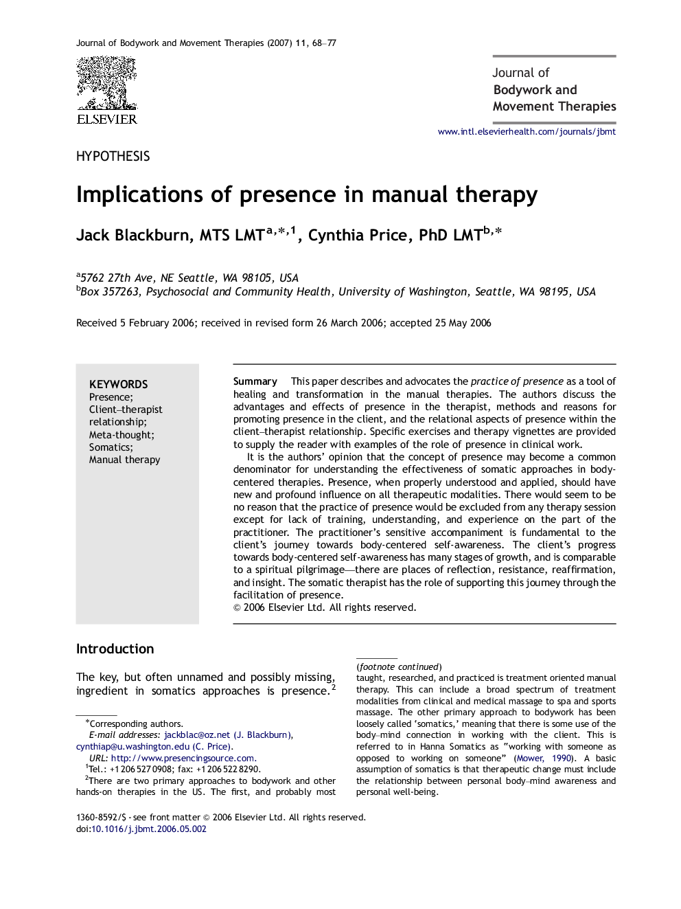 Implications of presence in manual therapy