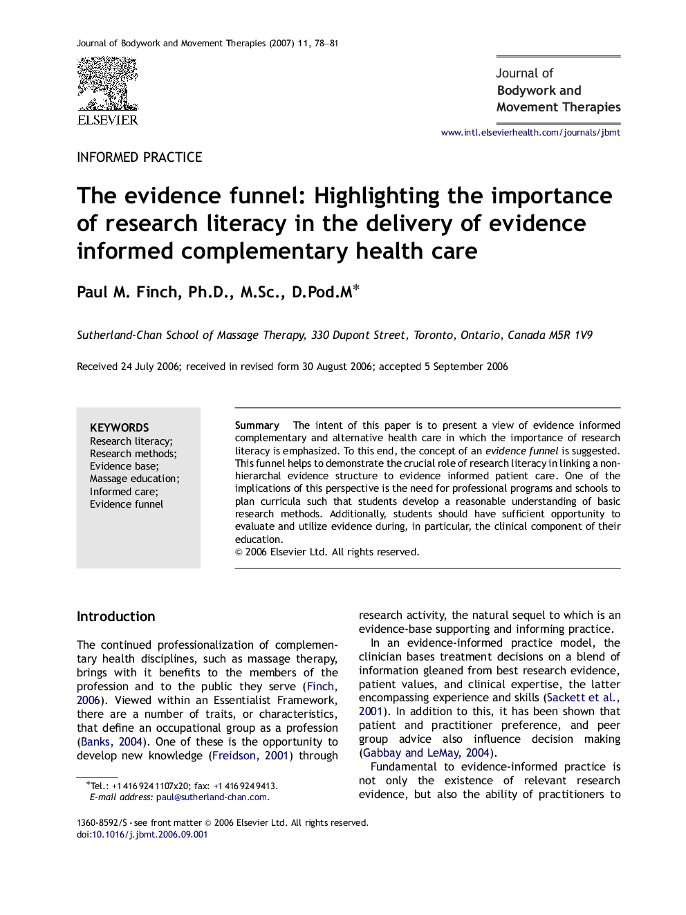 The evidence funnel: Highlighting the importance of research literacy in the delivery of evidence informed complementary health care