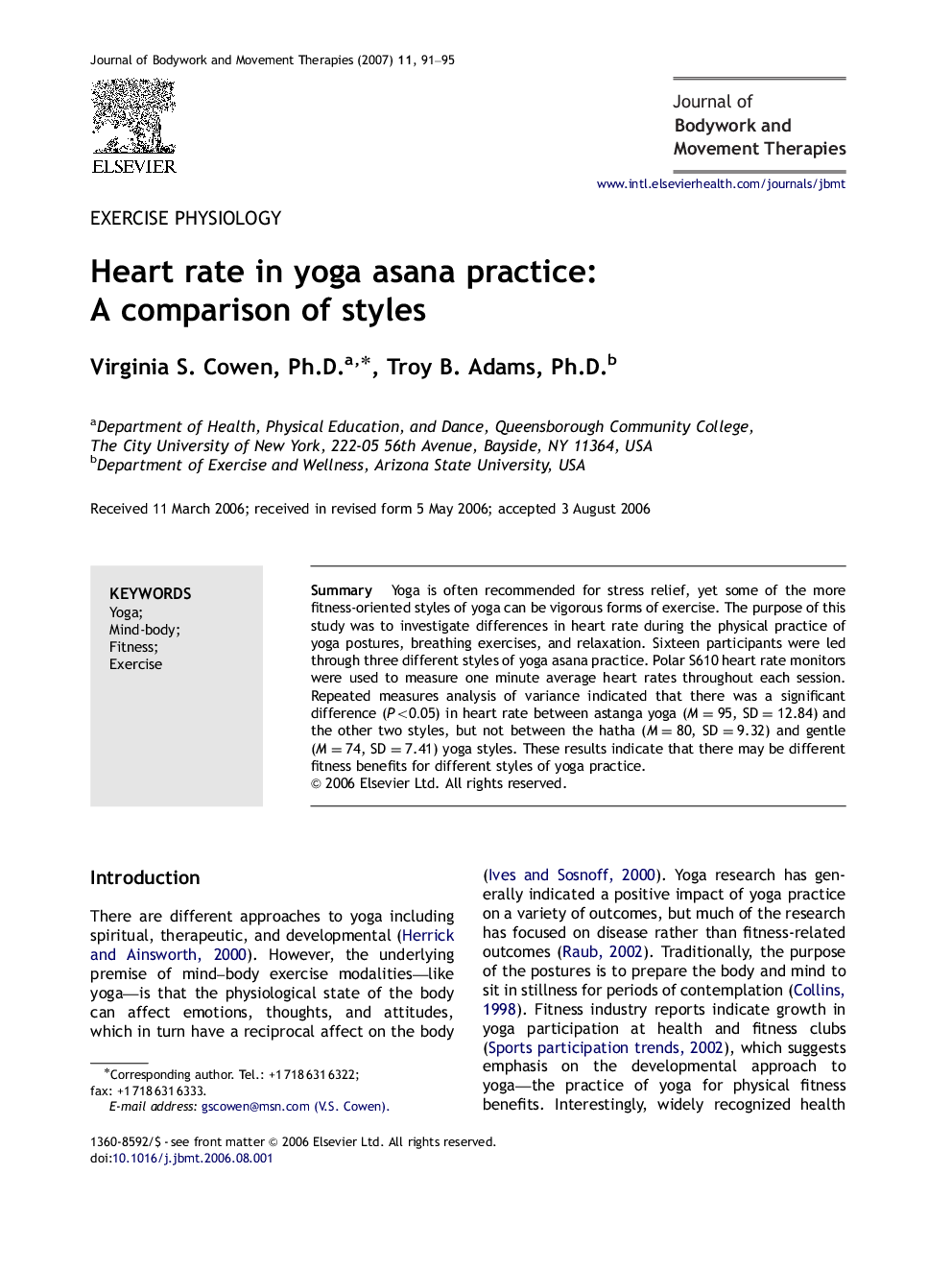 Heart rate in yoga asana practice: A comparison of styles