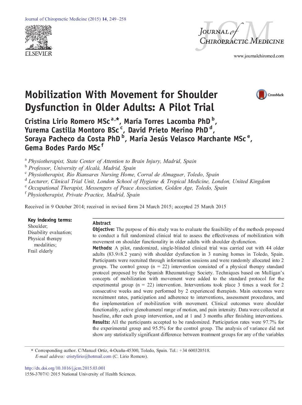 Mobilization With Movement for Shoulder Dysfunction in Older Adults: A Pilot Trial