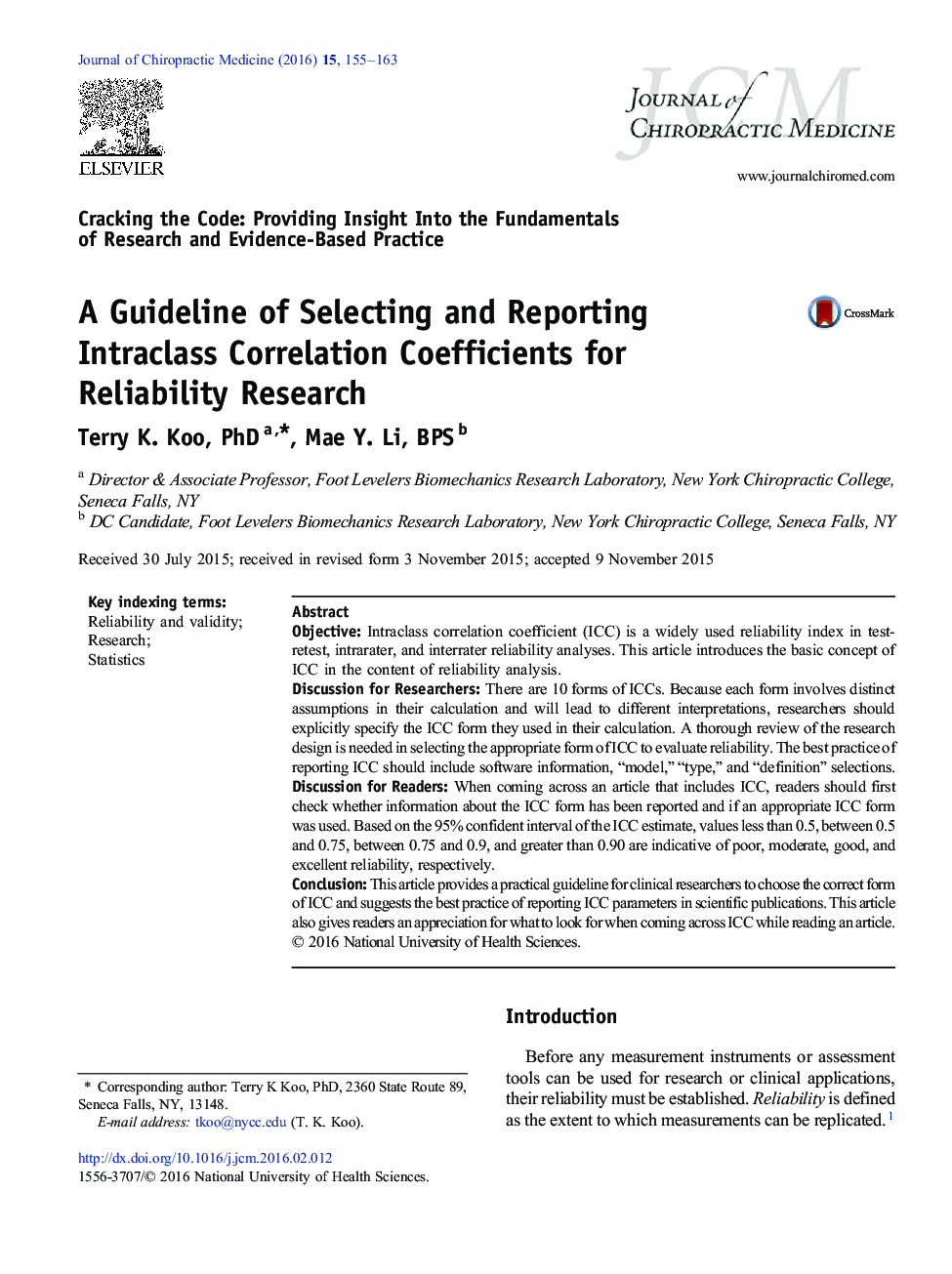 A Guideline of Selecting and Reporting Intraclass Correlation Coefficients for Reliability Research