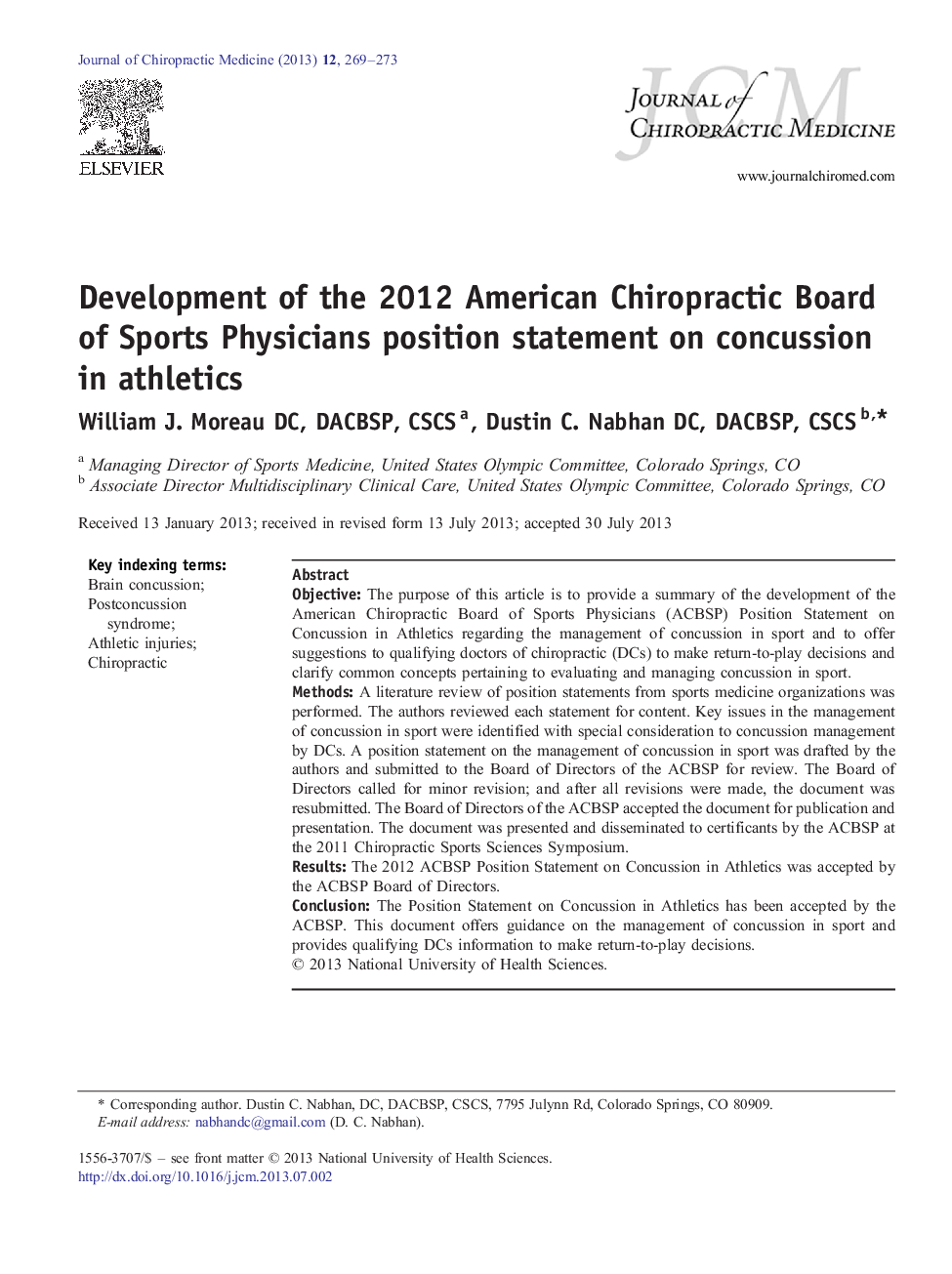 Development of the 2012 American Chiropractic Board of Sports Physicians position statement on concussion in athletics