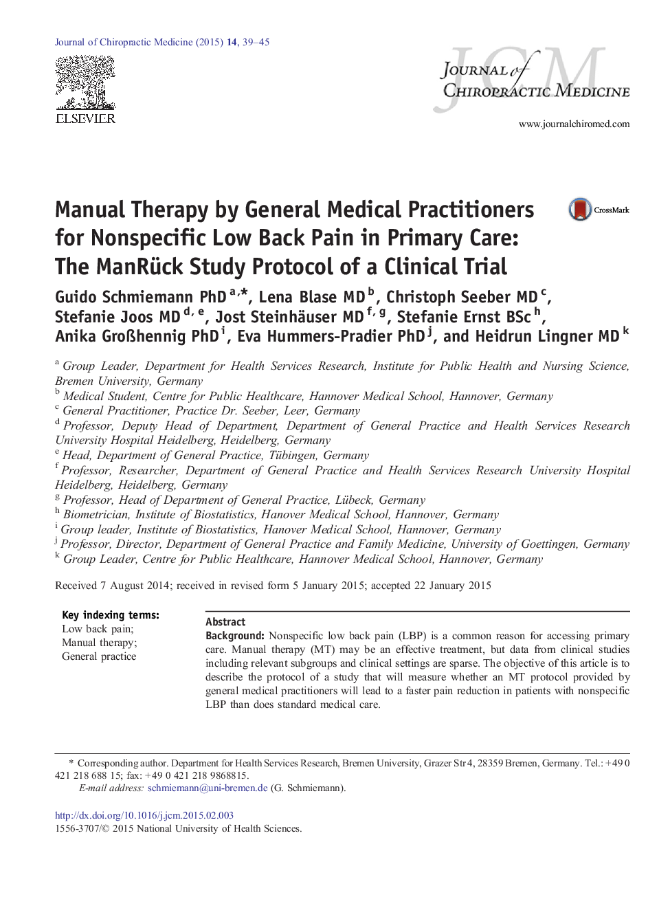 Manual Therapy by General Medical Practitioners for Nonspecific Low Back Pain in Primary Care: The ManRück Study Protocol of a Clinical Trial