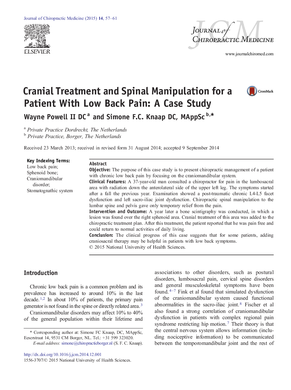 Cranial Treatment and Spinal Manipulation for a Patient With Low Back Pain: A Case Study