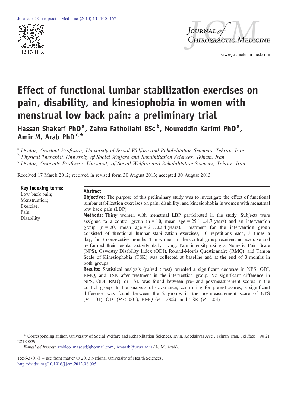 Effect of functional lumbar stabilization exercises on pain, disability, and kinesiophobia in women with menstrual low back pain: a preliminary trial