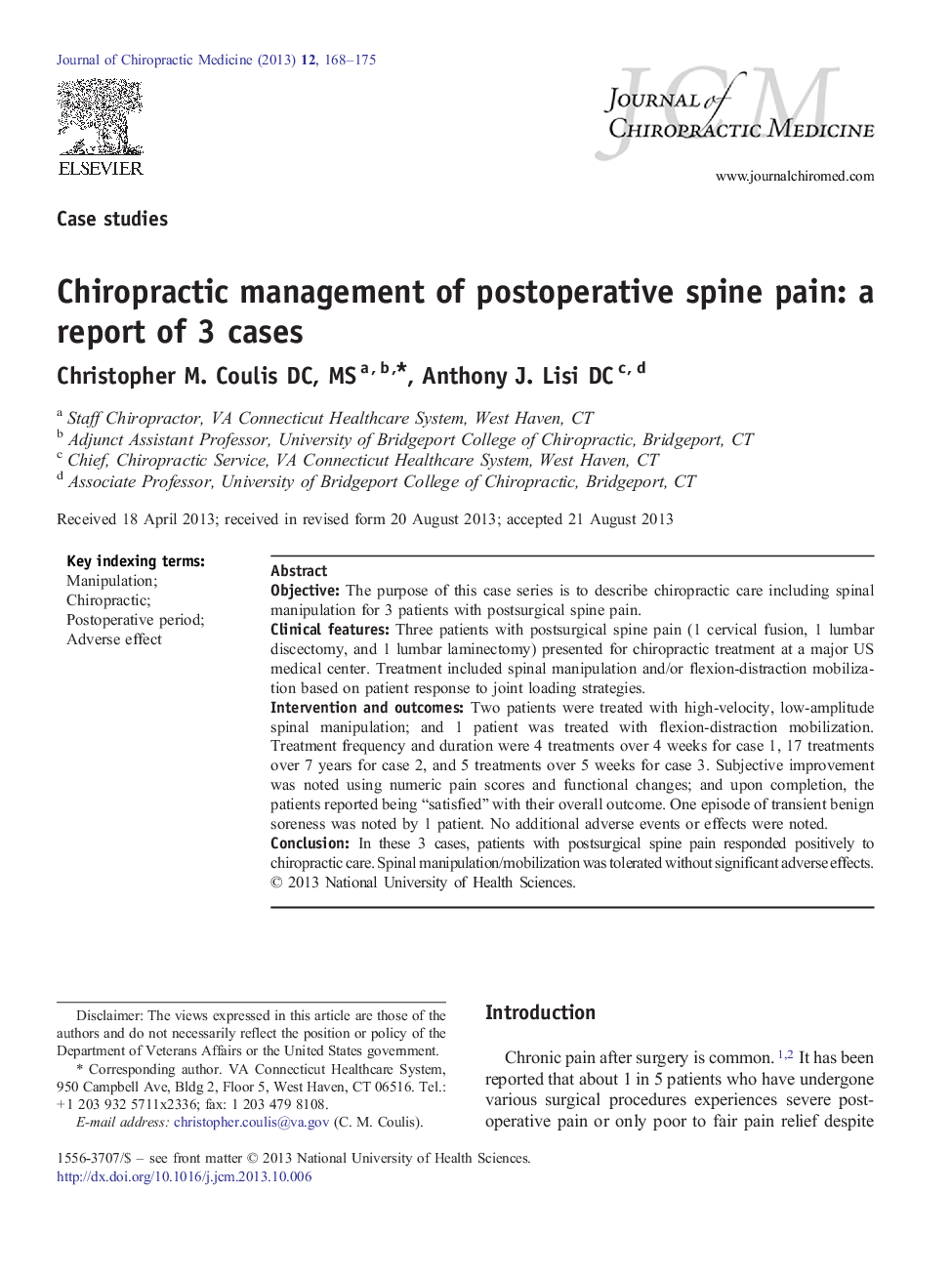 Chiropractic management of postoperative spine pain: a report of 3 cases 