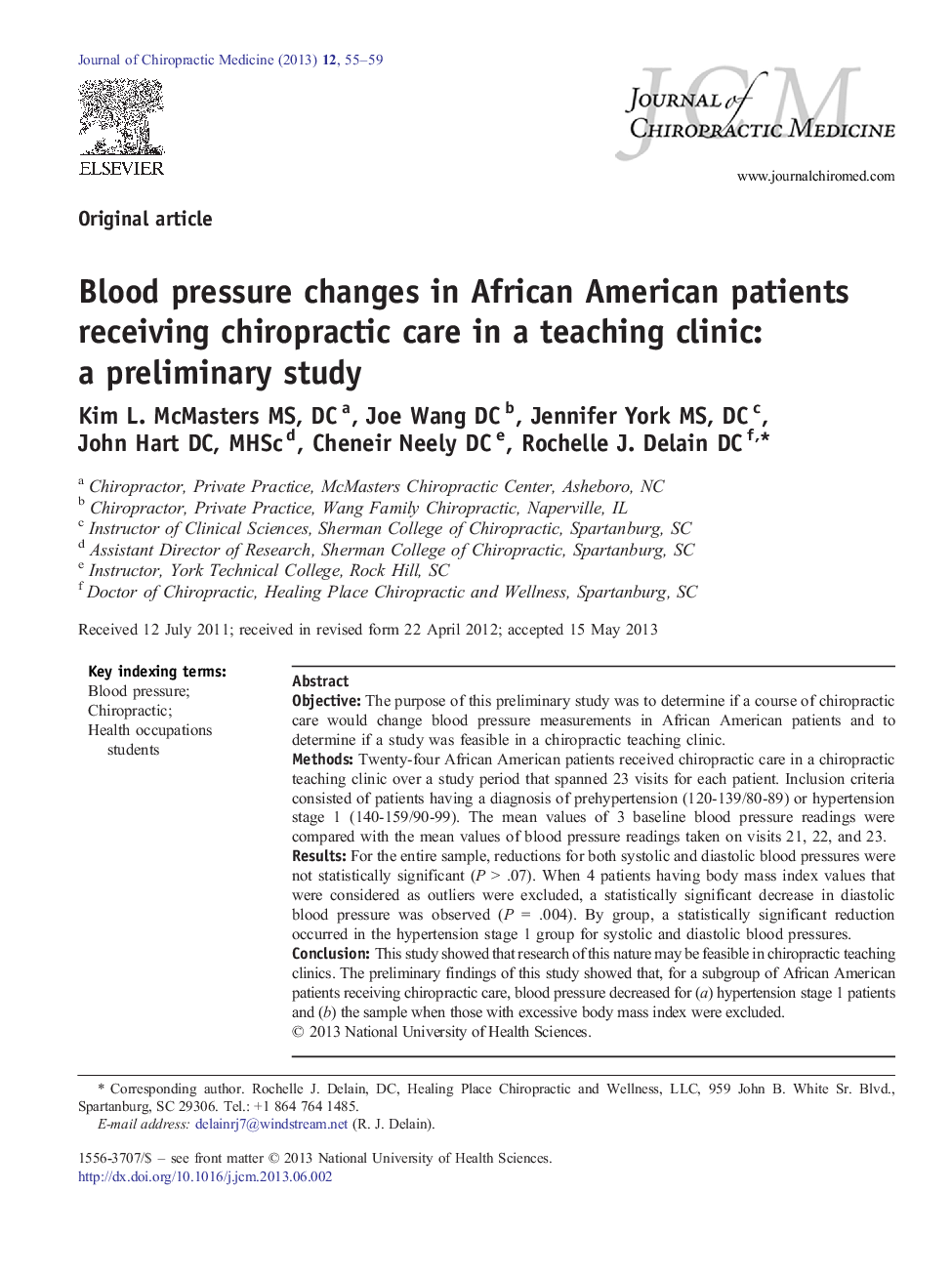 Blood pressure changes in African American patients receiving chiropractic care in a teaching clinic: a preliminary study