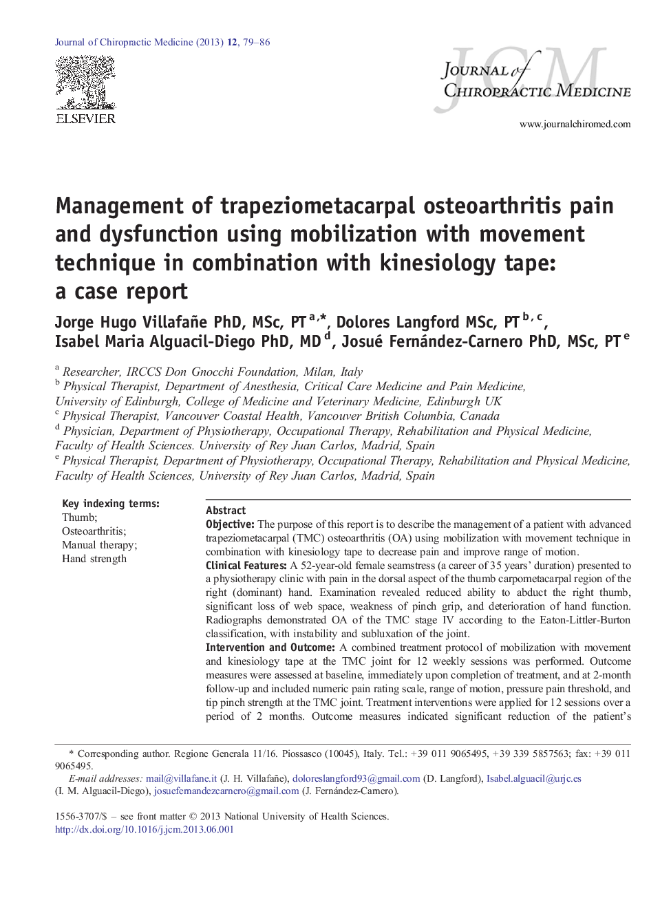 Management of trapeziometacarpal osteoarthritis pain and dysfunction using mobilization with movement technique in combination with kinesiology tape: a case report