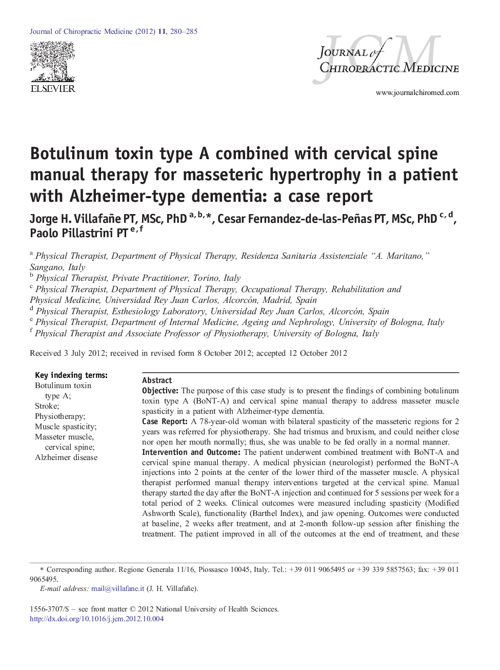 Botulinum toxin type A combined with cervical spine manual therapy for masseteric hypertrophy in a patient with Alzheimer-type dementia: a case report