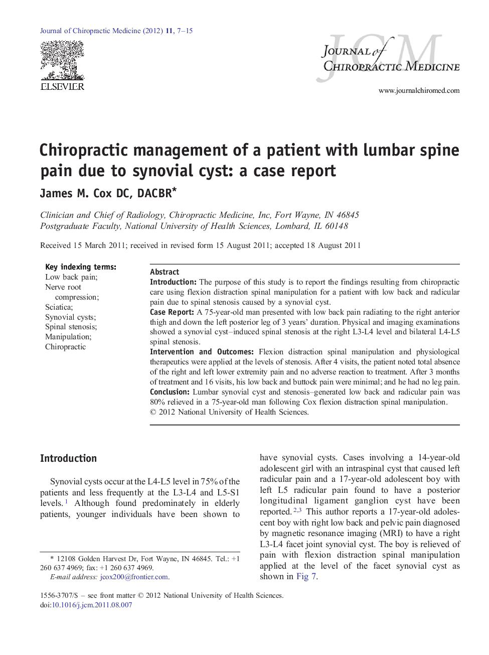 Chiropractic management of a patient with lumbar spine pain due to synovial cyst: a case report