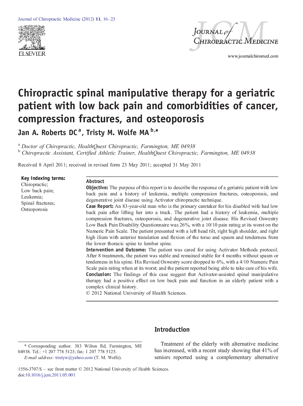 Chiropractic spinal manipulative therapy for a geriatric patient with low back pain and comorbidities of cancer, compression fractures, and osteoporosis