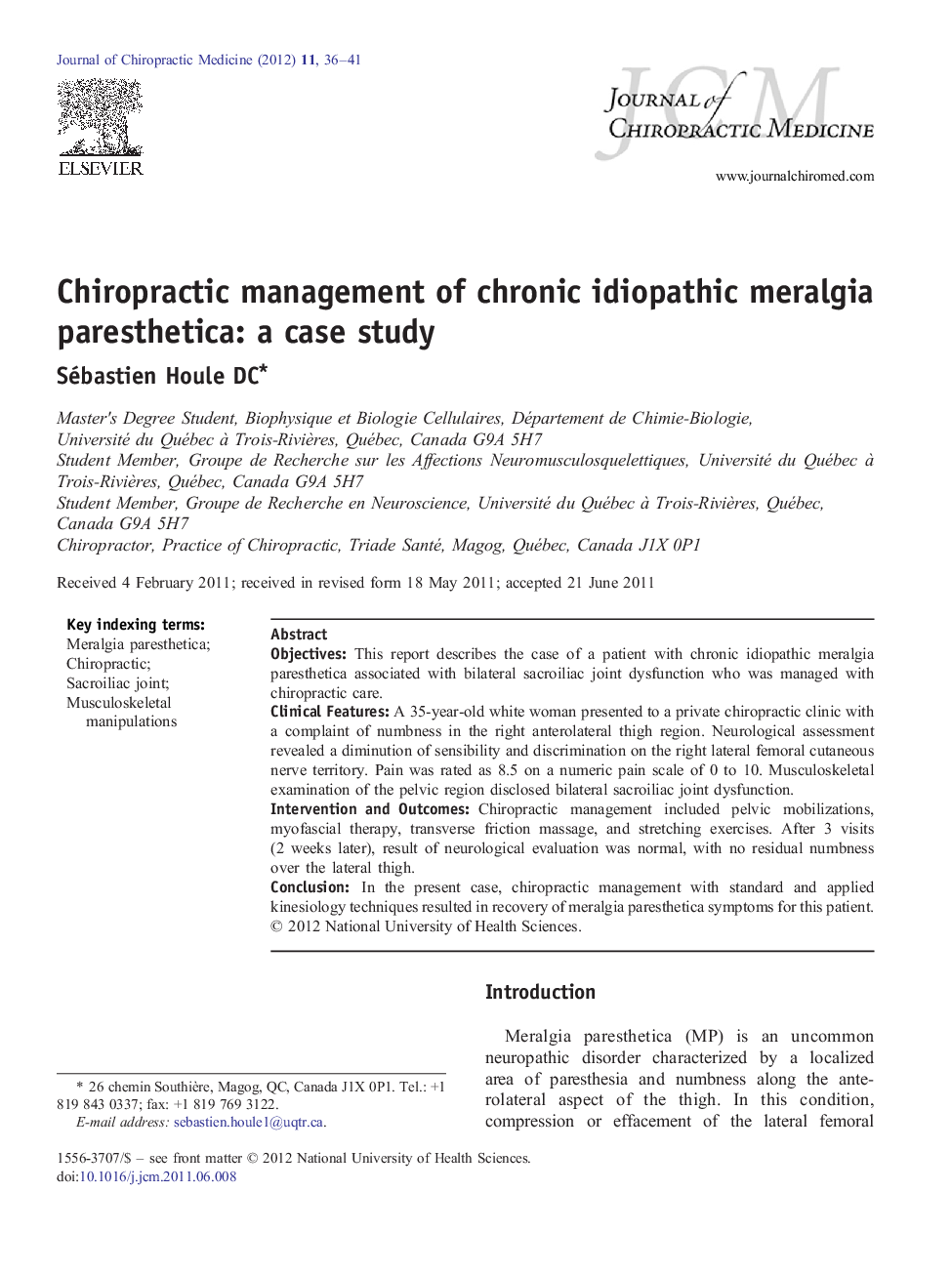 Chiropractic management of chronic idiopathic meralgia paresthetica: a case study