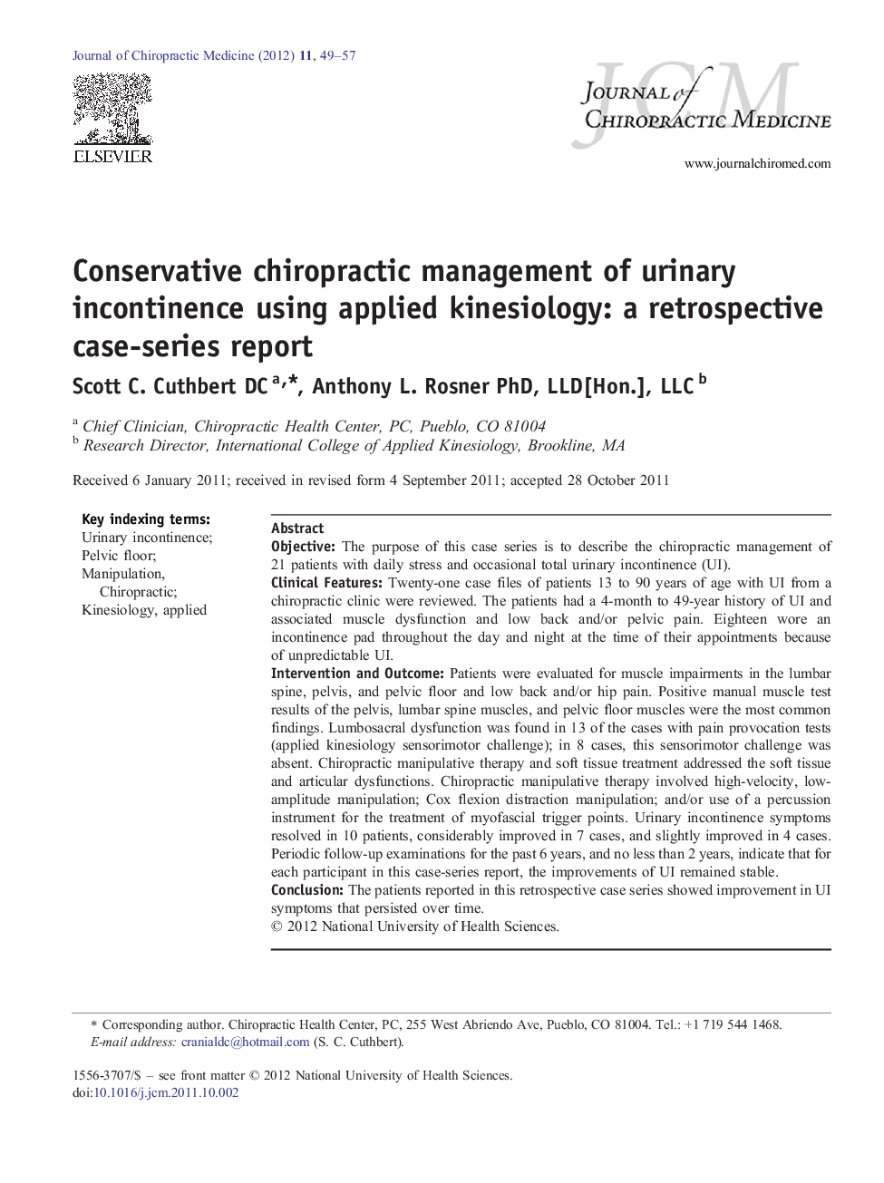 Conservative chiropractic management of urinary incontinence using applied kinesiology: a retrospective case-series report