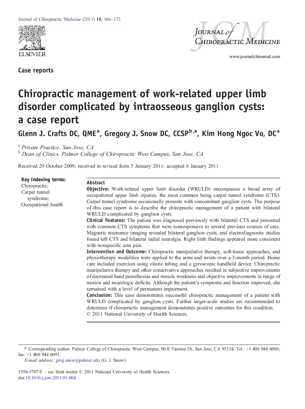 Chiropractic management of work-related upper limb disorder complicated by intraosseous ganglion cysts: a case report