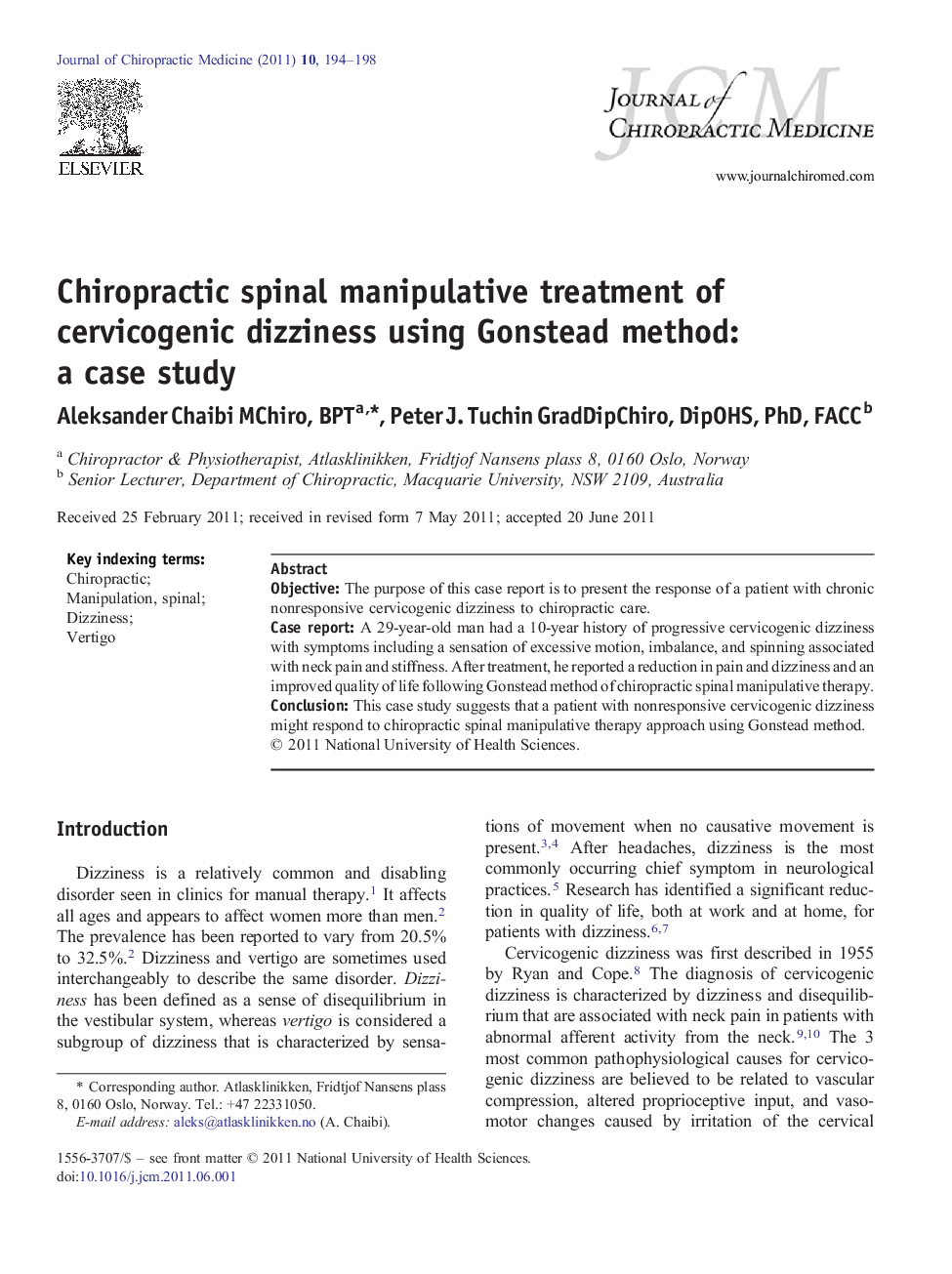 Chiropractic spinal manipulative treatment of cervicogenic dizziness using Gonstead method: a case study