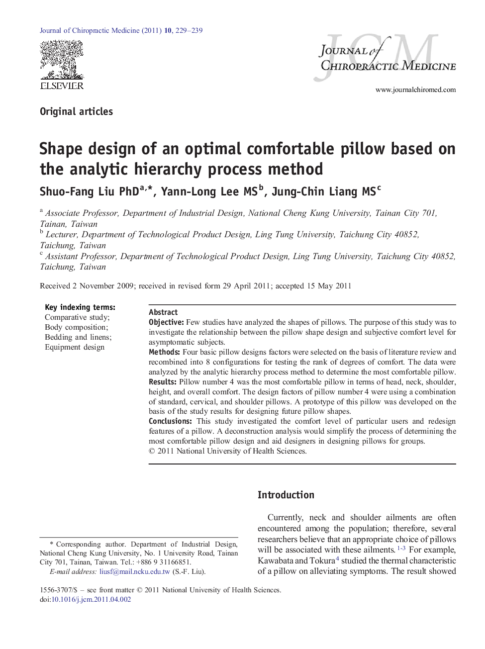 Shape design of an optimal comfortable pillow based on the analytic hierarchy process method