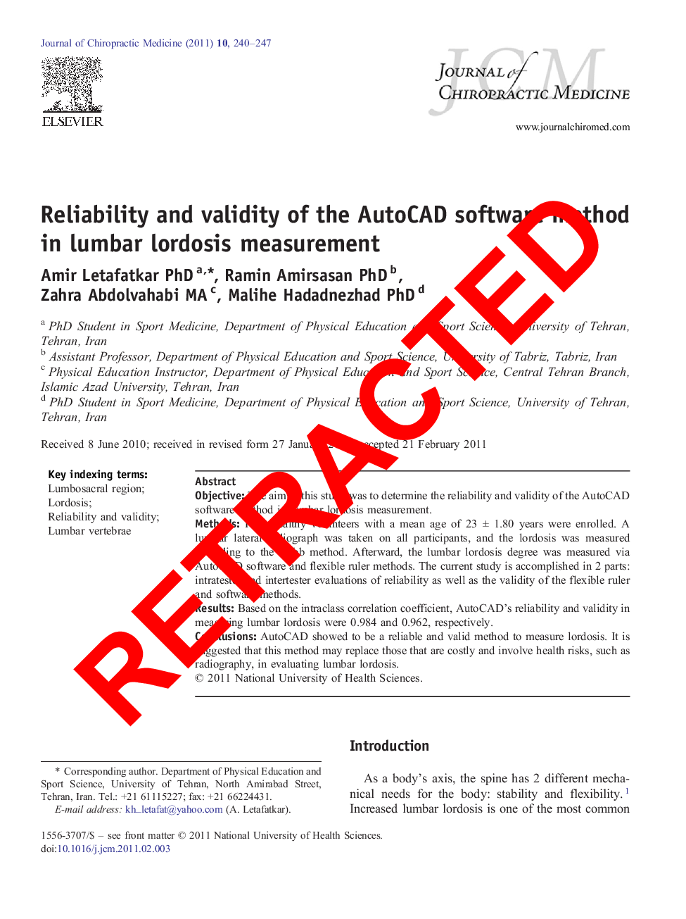 RETRACTED: Reliability and validity of the AutoCAD software method in lumbar lordosis measurement