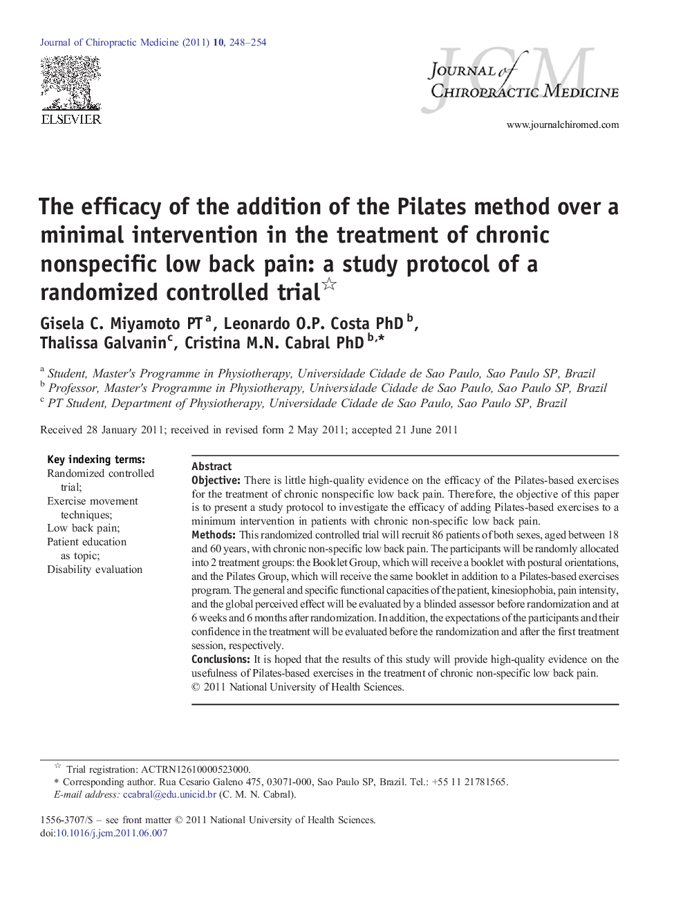 The efficacy of the addition of the Pilates method over a minimal intervention in the treatment of chronic nonspecific low back pain: a study protocol of a randomized controlled trial 