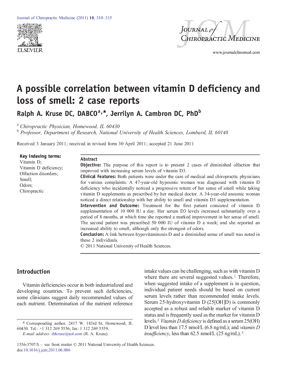 A possible correlation between vitamin D deficiency and loss of smell: 2 case reports