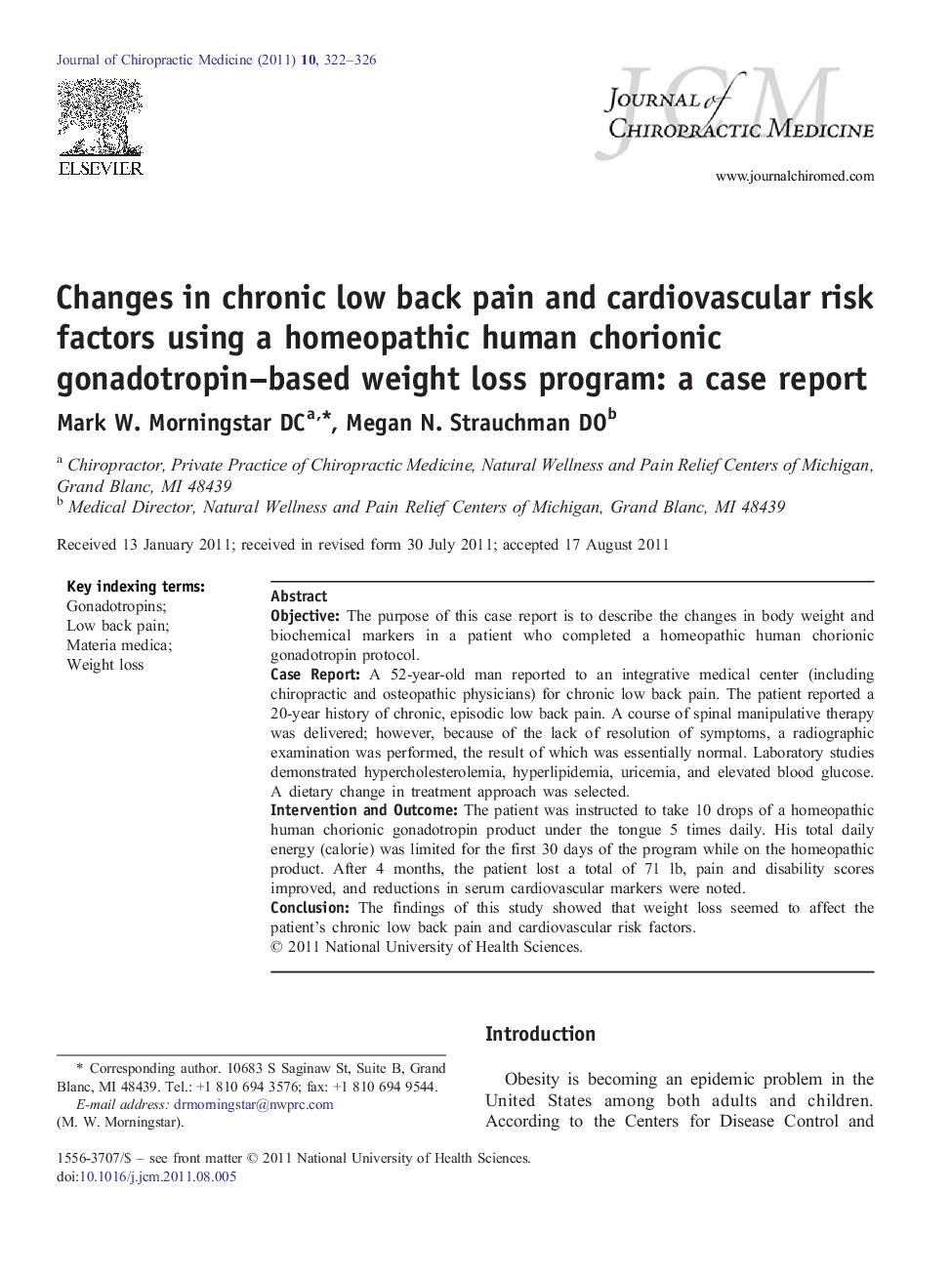 Changes in chronic low back pain and cardiovascular risk factors using a homeopathic human chorionic gonadotropin–based weight loss program: a case report