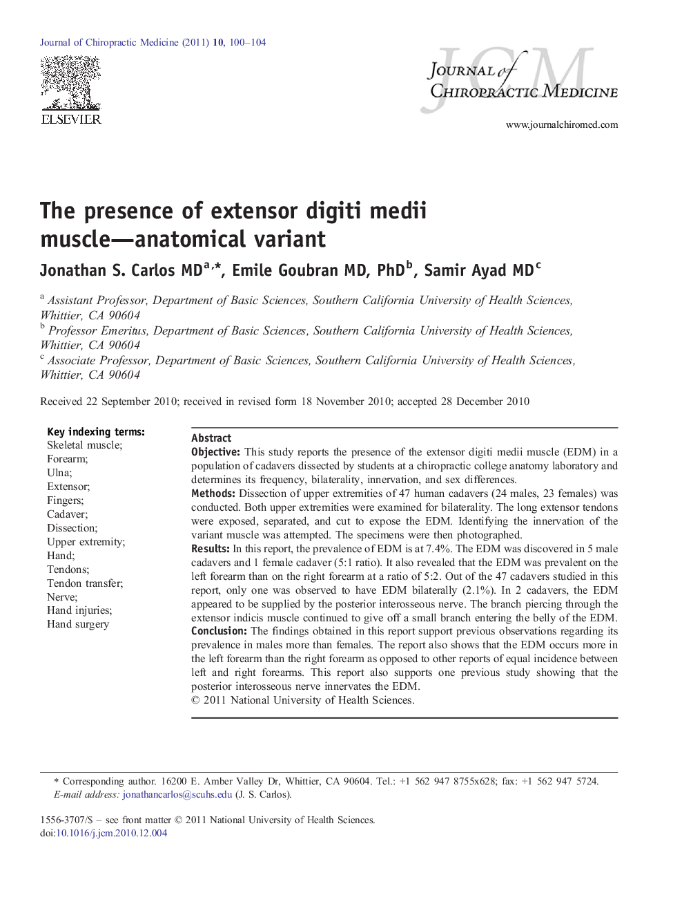 The presence of extensor digiti medii muscle—anatomical variant