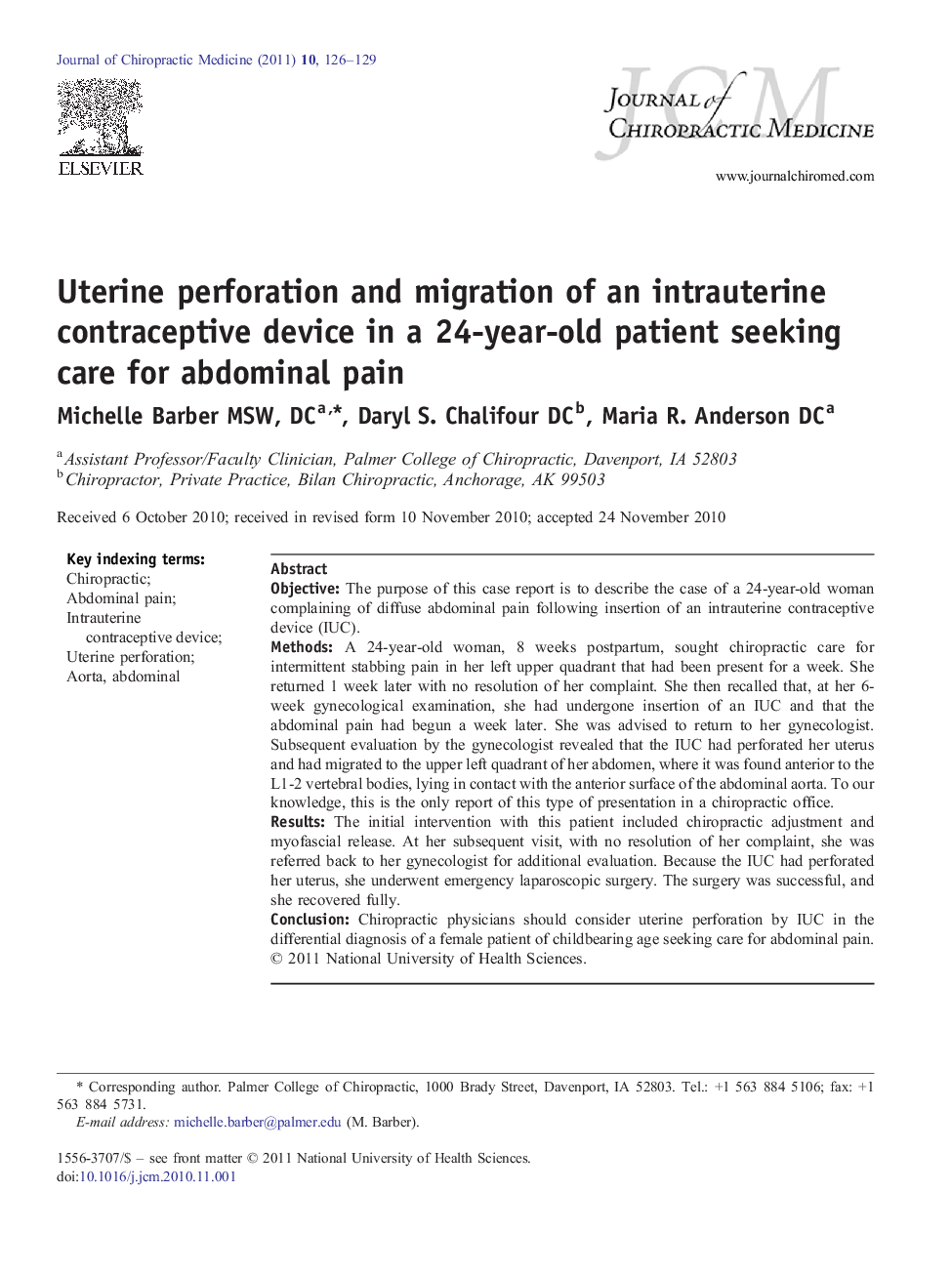 Uterine perforation and migration of an intrauterine contraceptive device in a 24-year-old patient seeking care for abdominal pain