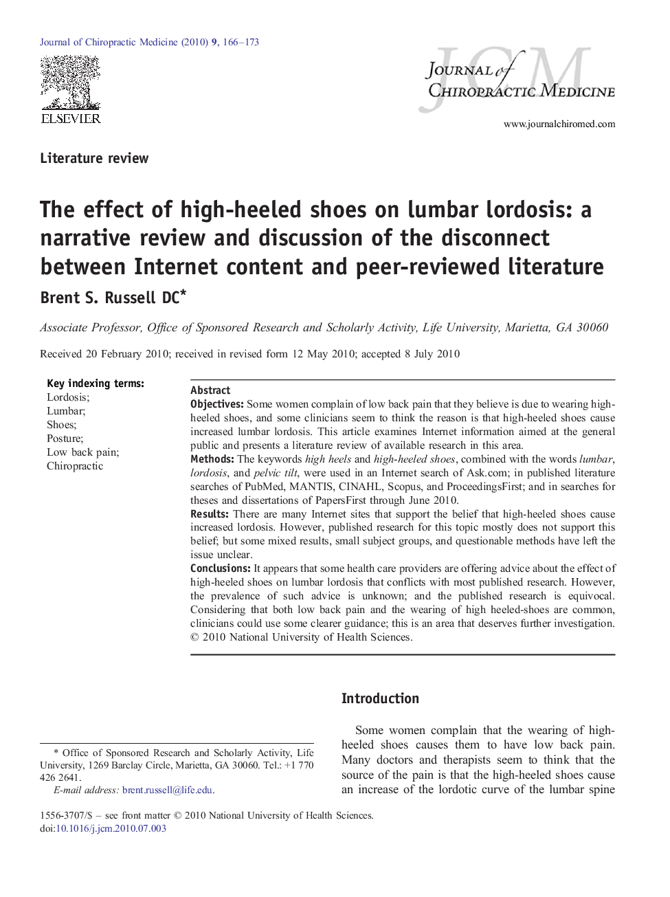 عکس صفحه اول مقاله: The effect of high-heeled shoes on lumbar lordosis: a narrative review and discussion of the disconnect between Internet content and peer-reviewed literature The effect of high-heeled shoes on lumbar lordosis: a narrative review and discussion of the disconnect between Internet content and peer-reviewed literature