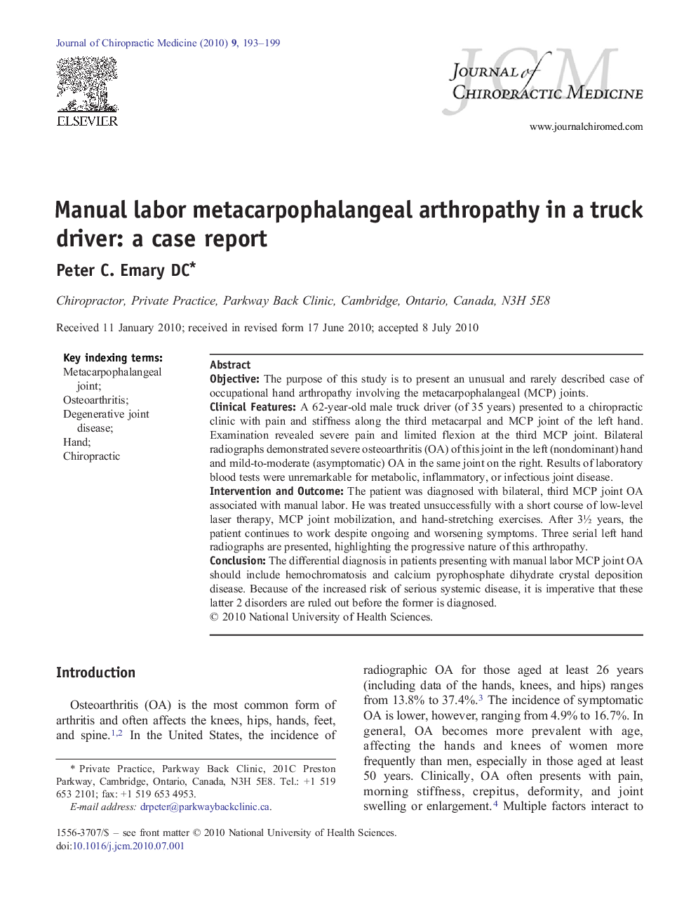 Manual labor metacarpophalangeal arthropathy in a truck driver: a case report