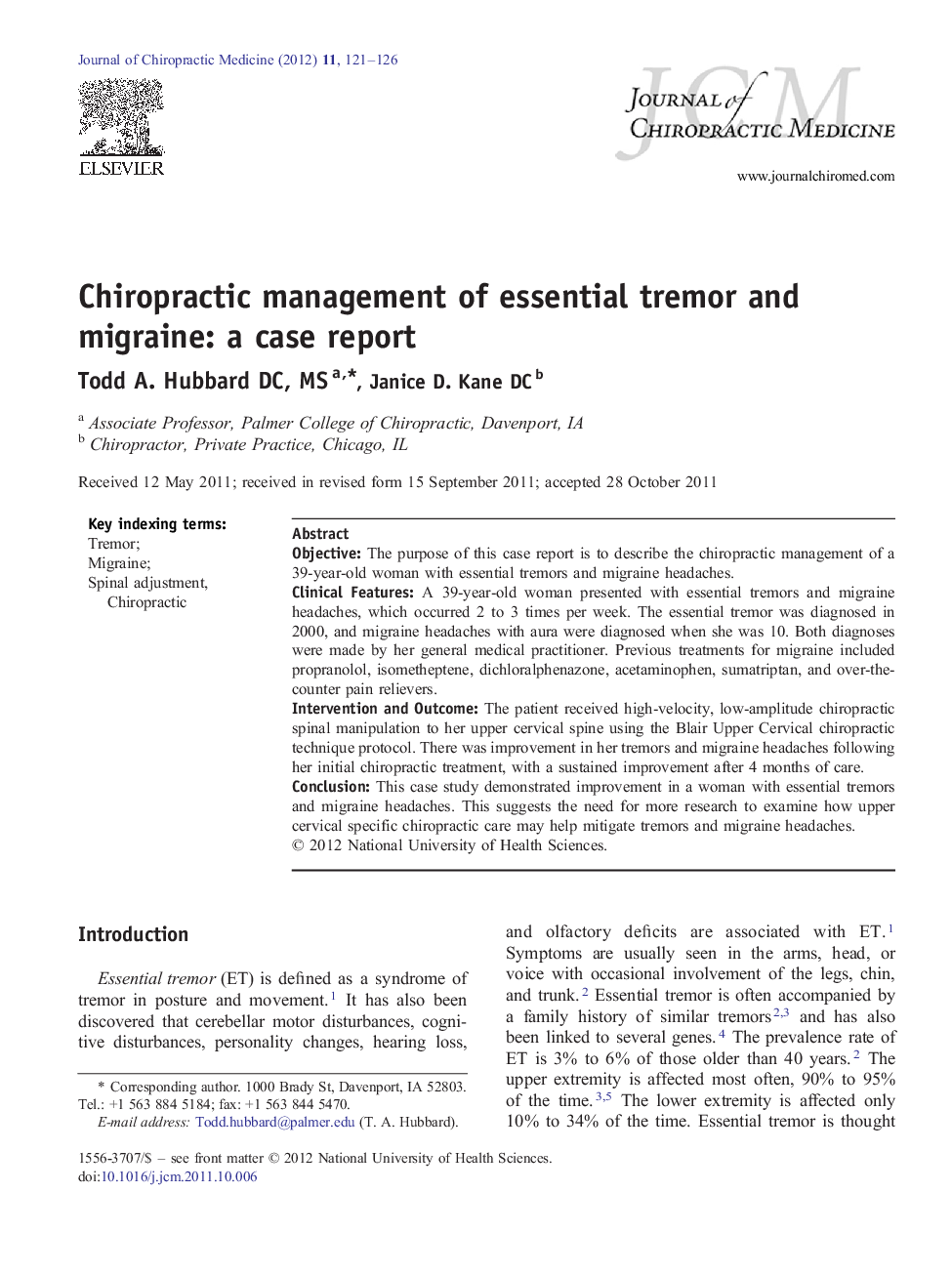 Chiropractic management of essential tremor and migraine: a case report