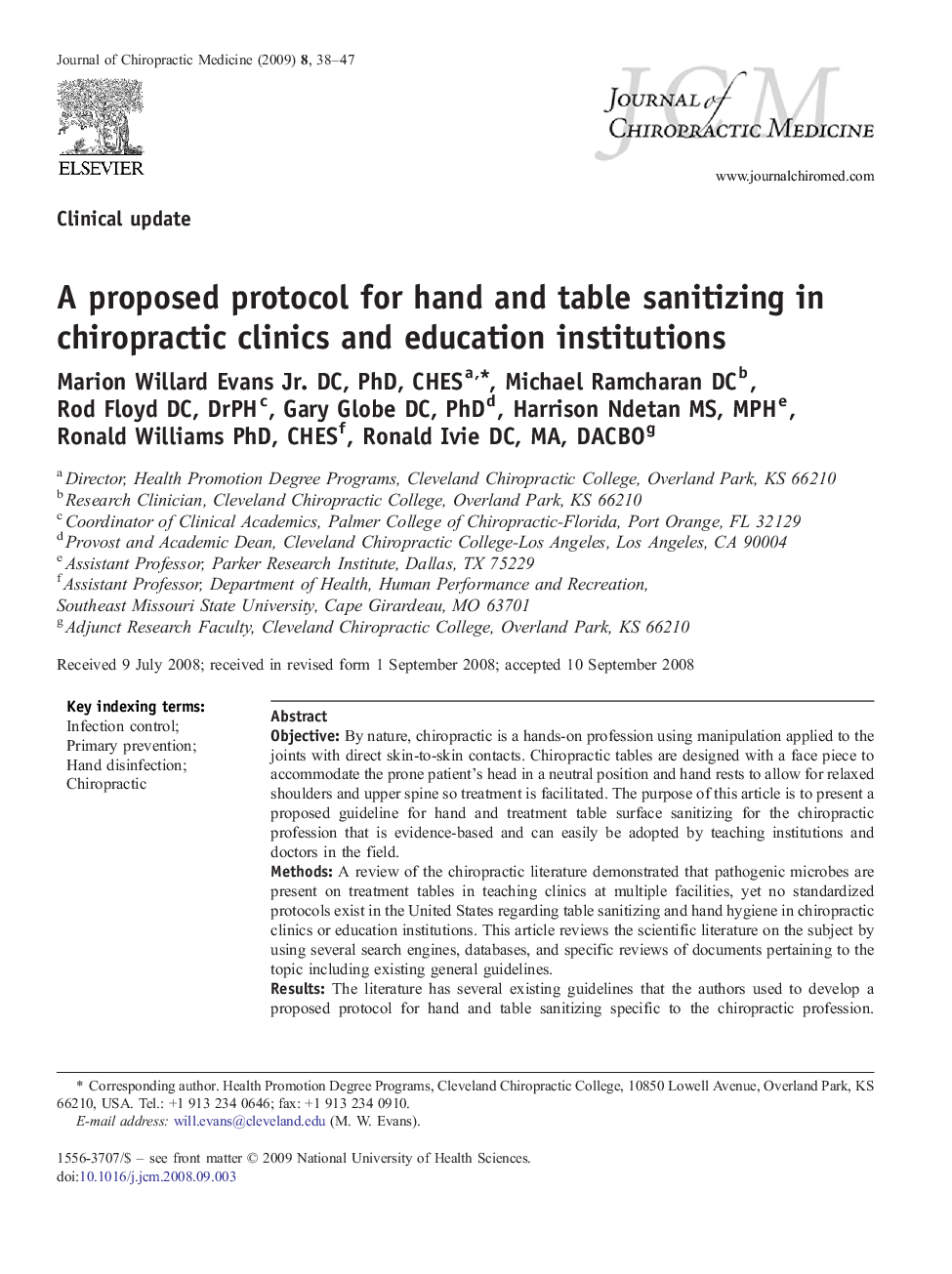 عکس صفحه اول مقاله: A proposed protocol for hand and table sanitizing in chiropractic clinics and education institutions A proposed protocol for hand and table sanitizing in chiropractic clinics and education institutions